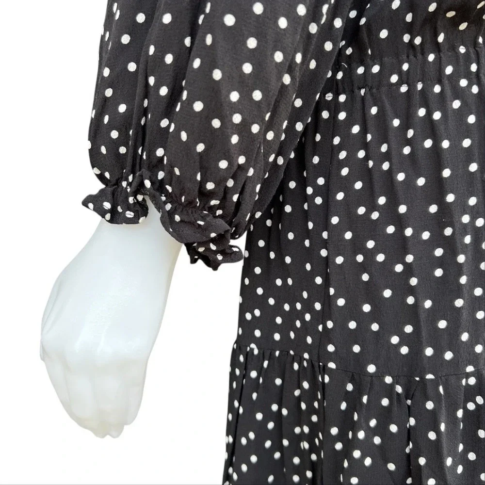 Polka Dot Tiered Midi Dress Black White Ruffle V-Neck Parisian‎ Chic Boho Size M